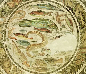 Detail von Fischen, Die vier Jahreszeiten, aus dem Vega Baja Mosaik
